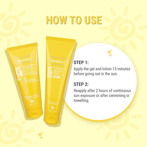Teenilicious SPF Sunscreen Kit, Face Gel + Body Lotion, Broad Spectrum PA+++ ,No White Cast, Light Weight